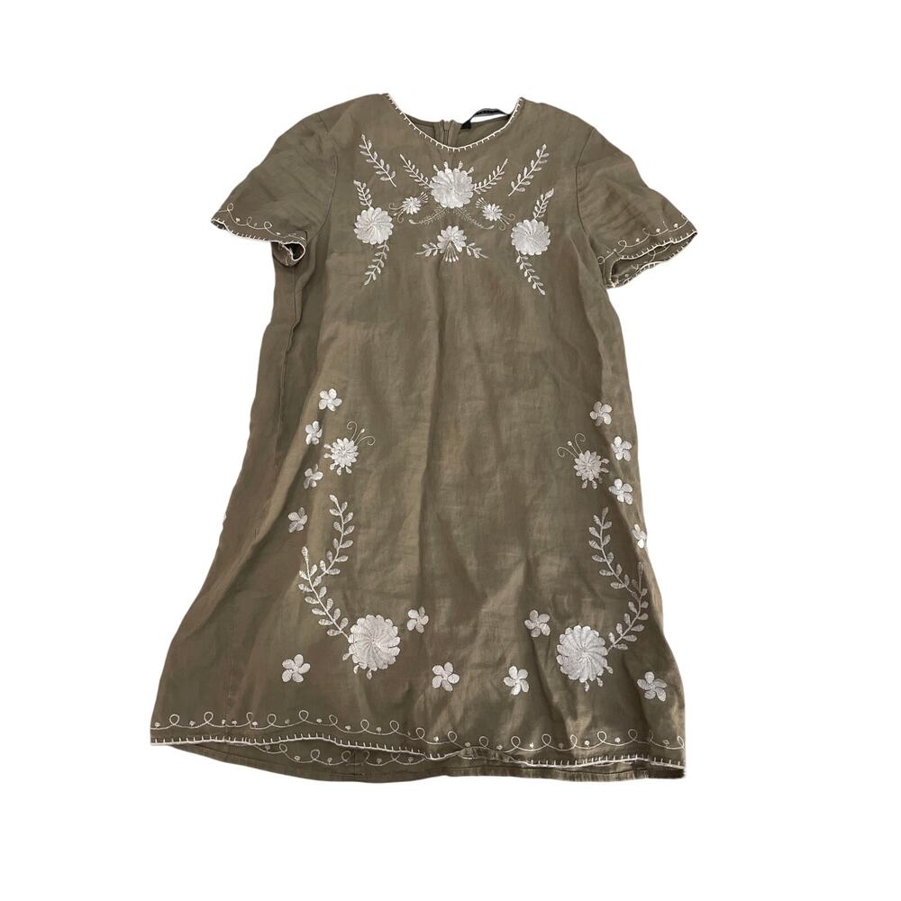 Green Floral 100% Linen Zara Shift Dress (M)